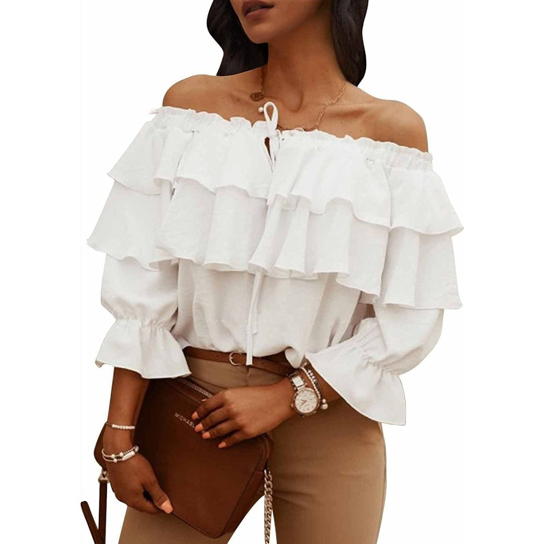 Womens Off Shoulder Ruffle Long Sleeve Shirt Casual Layered Top Image 1