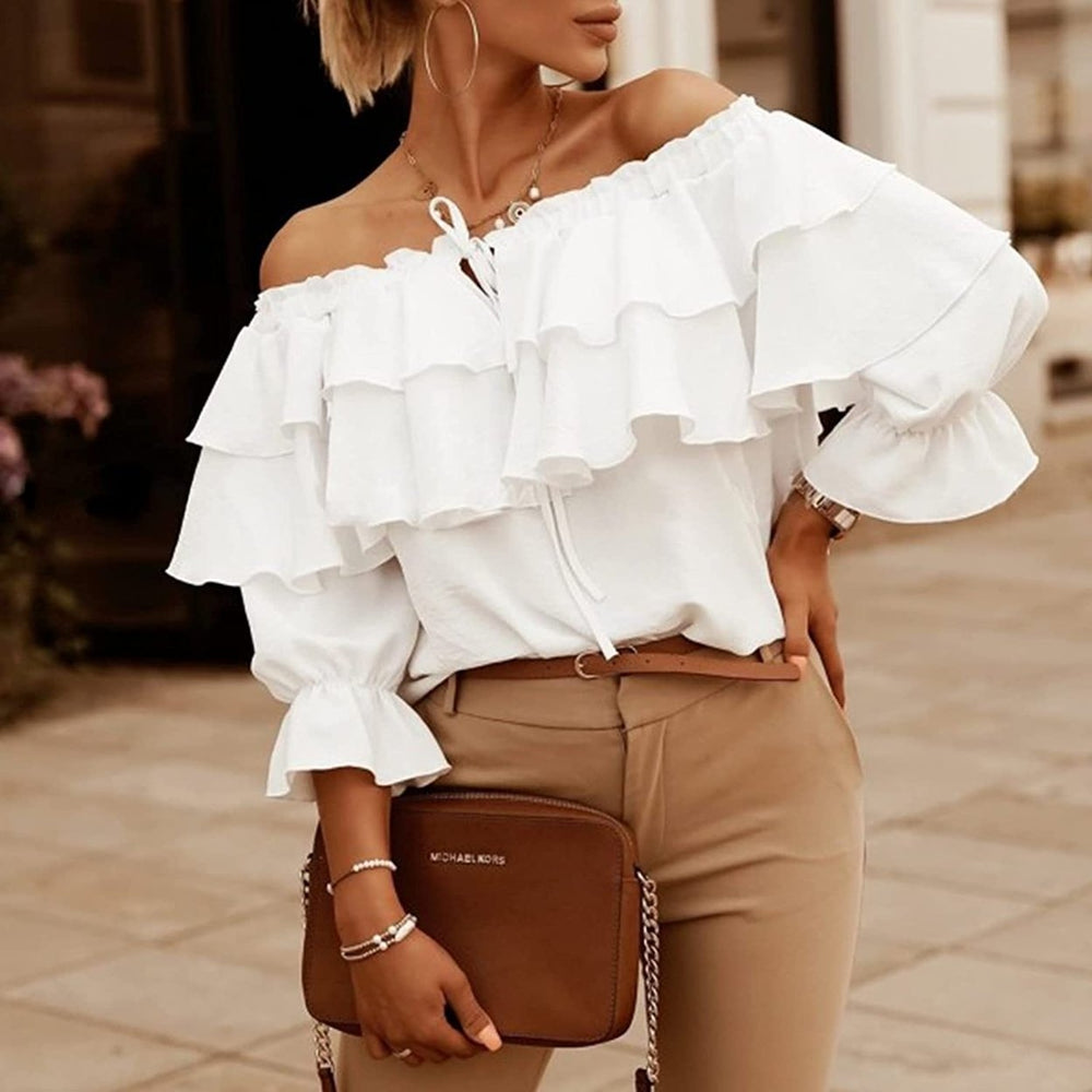 Womens Off Shoulder Ruffle Long Sleeve Shirt Casual Layered Top Image 2