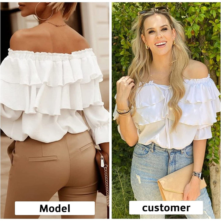 Womens Off Shoulder Ruffle Long Sleeve Shirt Casual Layered Top Image 3