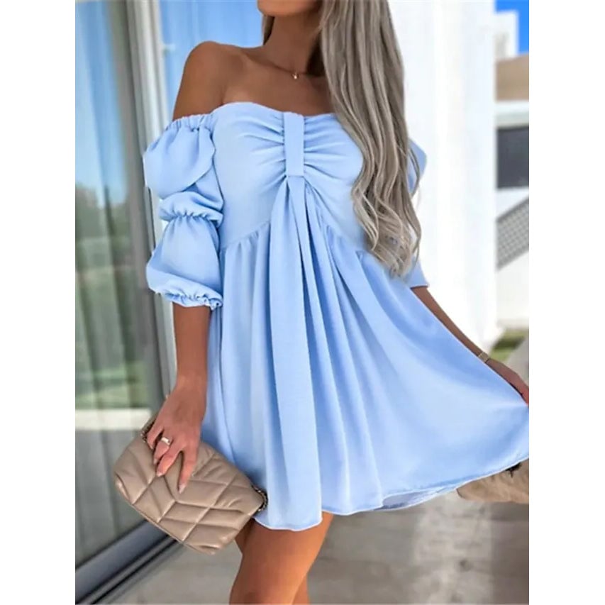 Womens Off Shoulder Casual Puff Sleeve Dress Image 4