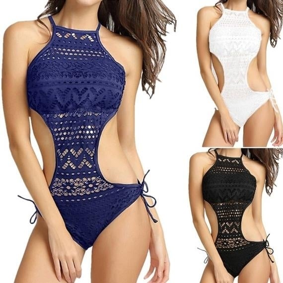 Womens One-Piece Bikini Solid Crochet Swimsuit Image 1