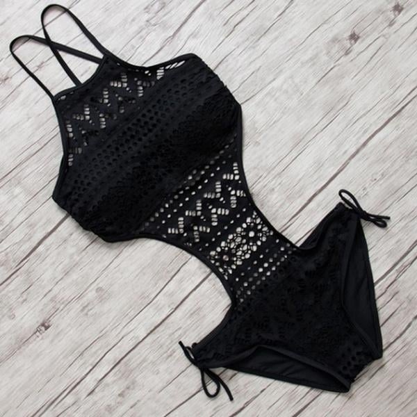 Womens One-Piece Bikini Solid Crochet Swimsuit Image 2