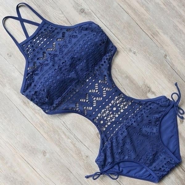 Womens One-Piece Bikini Solid Crochet Swimsuit Image 4