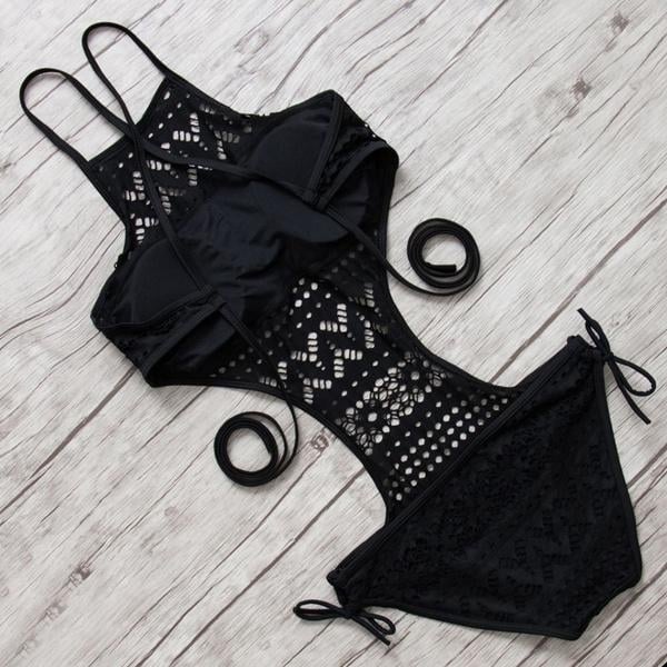 Womens One-Piece Bikini Solid Crochet Swimsuit Image 4