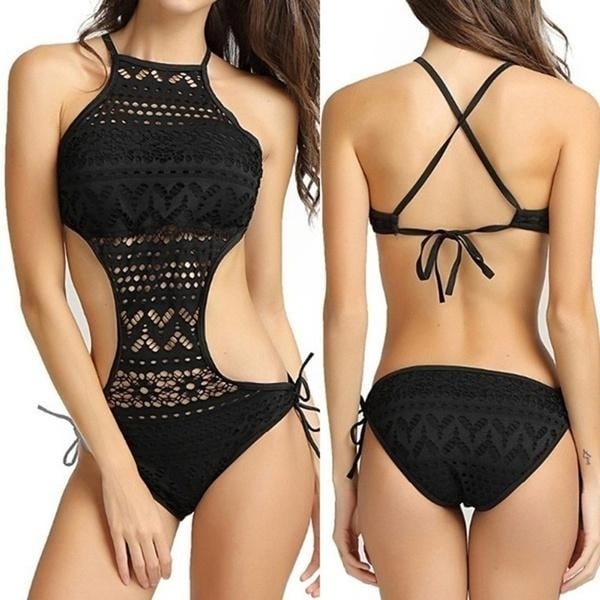 Womens One-Piece Bikini Solid Crochet Swimsuit Image 8