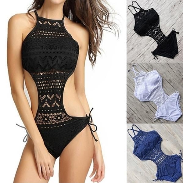 Womens One-Piece Bikini Solid Crochet Swimsuit Image 9