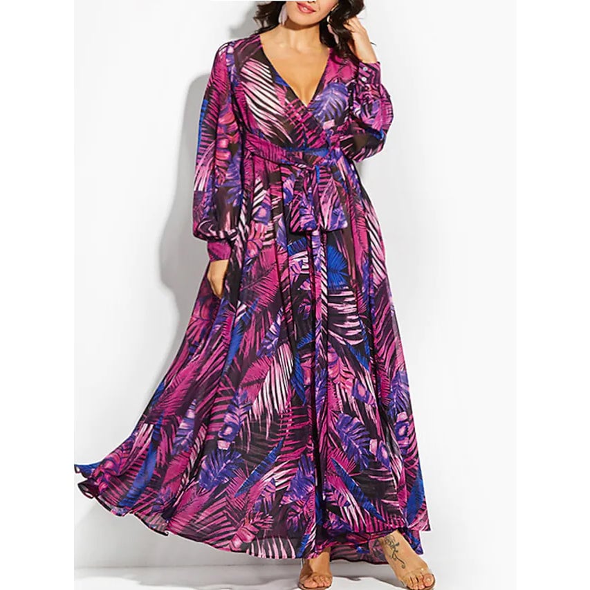 Womens Plus Size A Line Dress Floral V Neck Print Lantern Sleeve Image 1