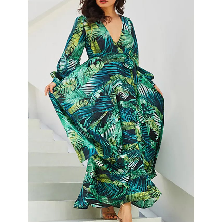 Womens Plus Size A Line Dress Floral V Neck Print Lantern Sleeve Image 7