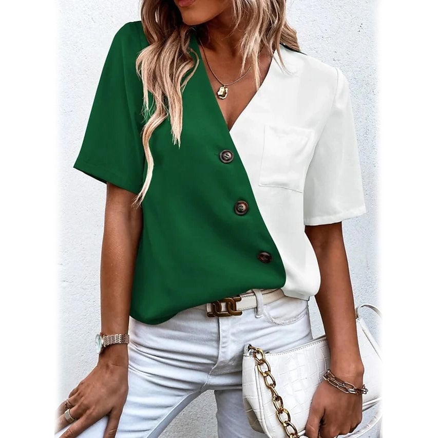 Womens Pocket Button V-Neck Short Sleeve Shirt Image 1