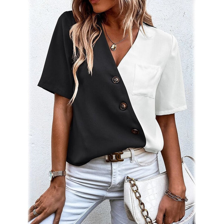 Womens Pocket Button V-Neck Short Sleeve Shirt Image 2