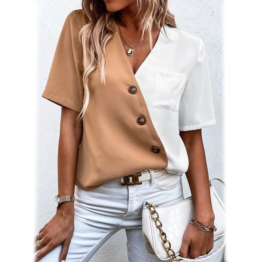 Womens Pocket Button V-Neck Short Sleeve Shirt Image 4