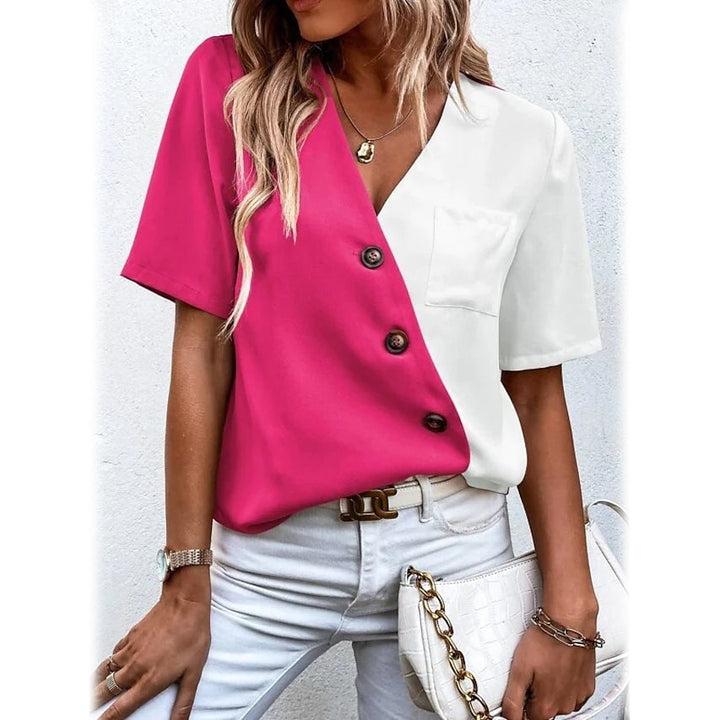 Womens Pocket Button V-Neck Short Sleeve Shirt Image 6