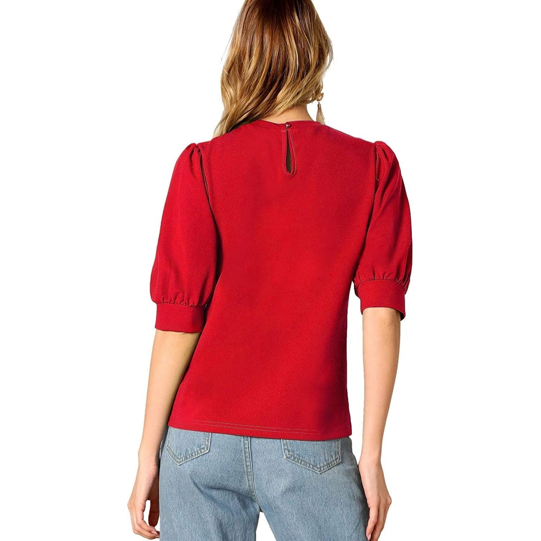 Womens Puff Sleeve Pullover Keyhole Back Blouse Image 8