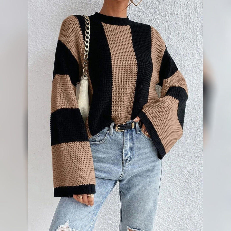 Womens Pullover Ribbed Knit Patchwork Striped Sweater Image 1