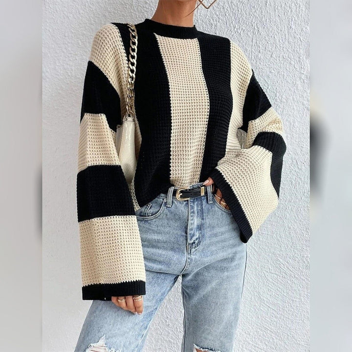 Womens Pullover Ribbed Knit Patchwork Striped Sweater Image 2