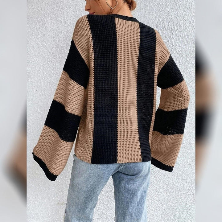 Womens Pullover Ribbed Knit Patchwork Striped Sweater Image 3