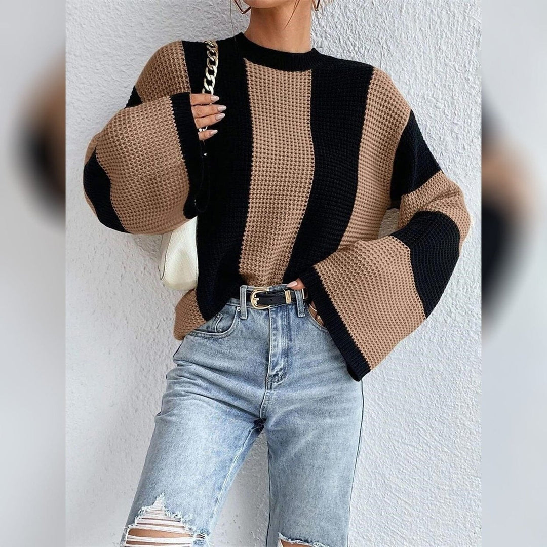 Womens Pullover Ribbed Knit Patchwork Striped Sweater Image 4