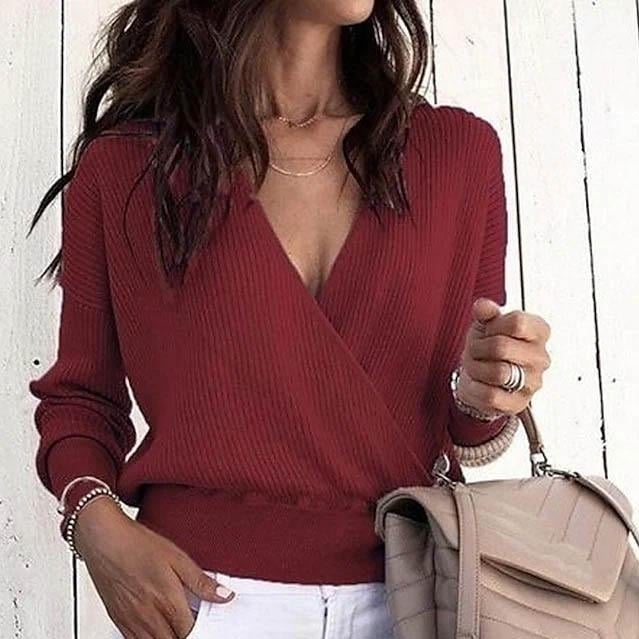 Womens Pullover Solid Colored Basic Long Sleeve Loose Short Sweater Cardigans Image 2