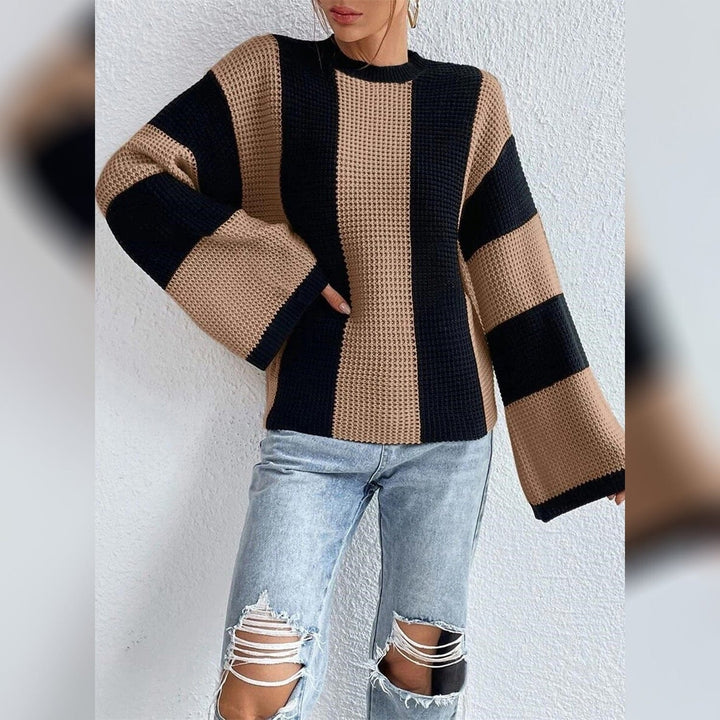 Womens Pullover Ribbed Knit Patchwork Striped Sweater Image 6