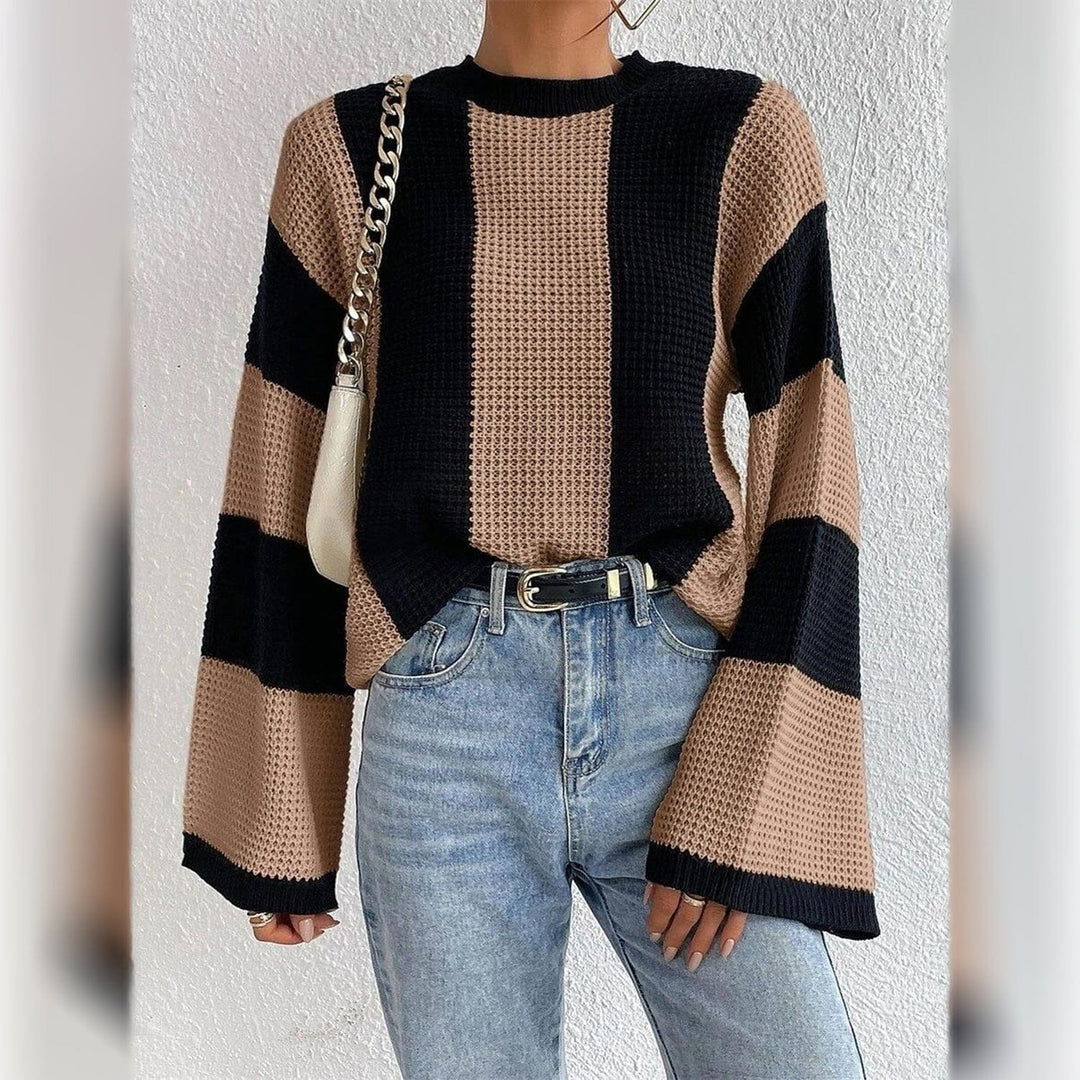 Womens Pullover Ribbed Knit Patchwork Striped Sweater Image 7