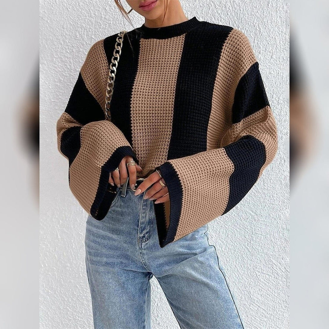 Womens Pullover Ribbed Knit Patchwork Striped Sweater Image 8