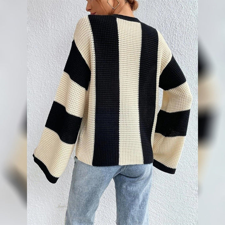 Womens Pullover Ribbed Knit Patchwork Striped Sweater Image 9