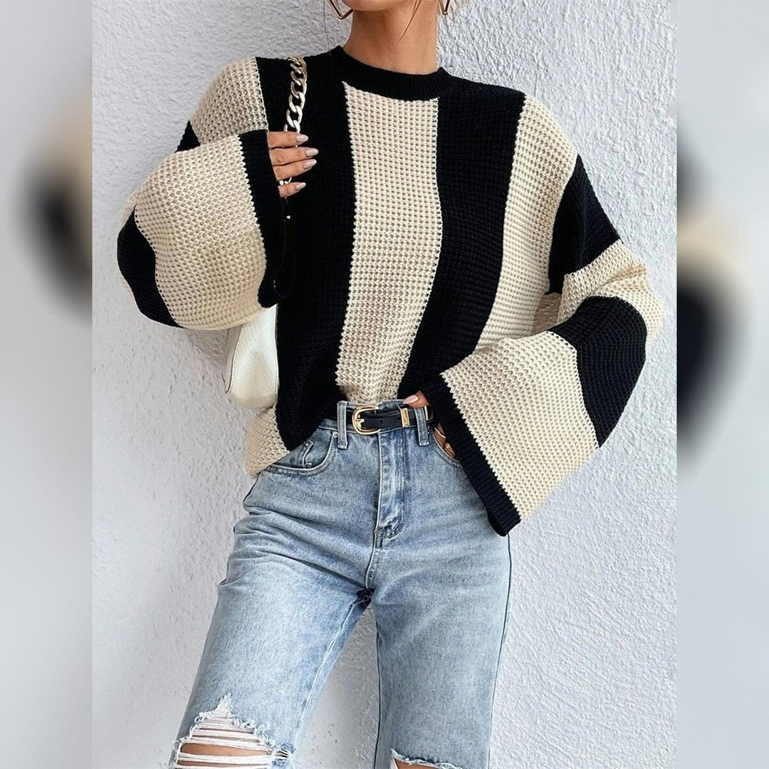 Womens Pullover Ribbed Knit Patchwork Striped Sweater Image 10