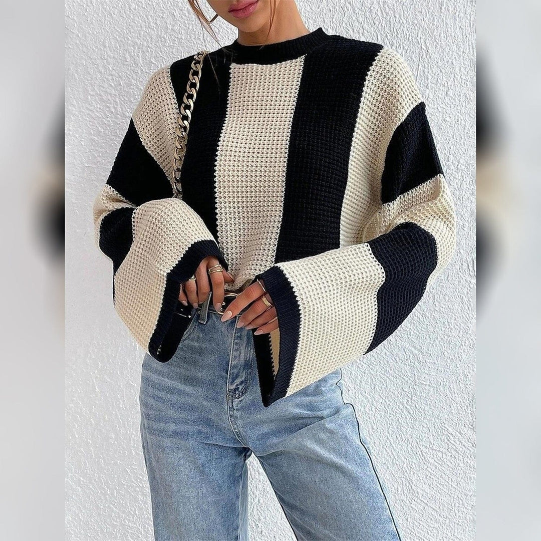 Womens Pullover Ribbed Knit Patchwork Striped Sweater Image 11