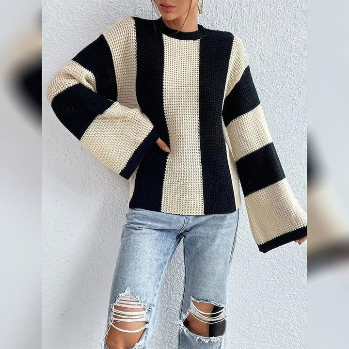 Womens Pullover Ribbed Knit Patchwork Striped Sweater Image 12