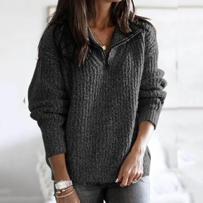 Womens Pullover Sweater Zipper Solid Color Basic Casual Long Sleeve Sweater Cardigans Image 3