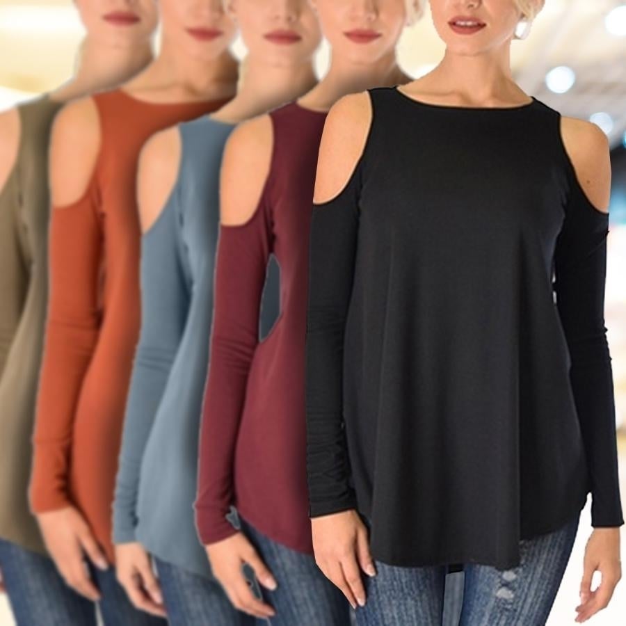 Womens Ribbed Cold-Shoulder Long-Sleeve Top - Assorted Sizes Image 1