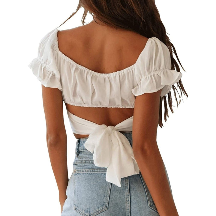 Womens Ruffle Short Sleeve Tie Shirt Image 8