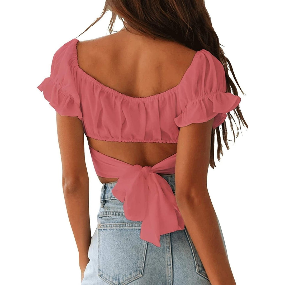 Womens Ruffle Short Sleeve Tie Shirt Image 11