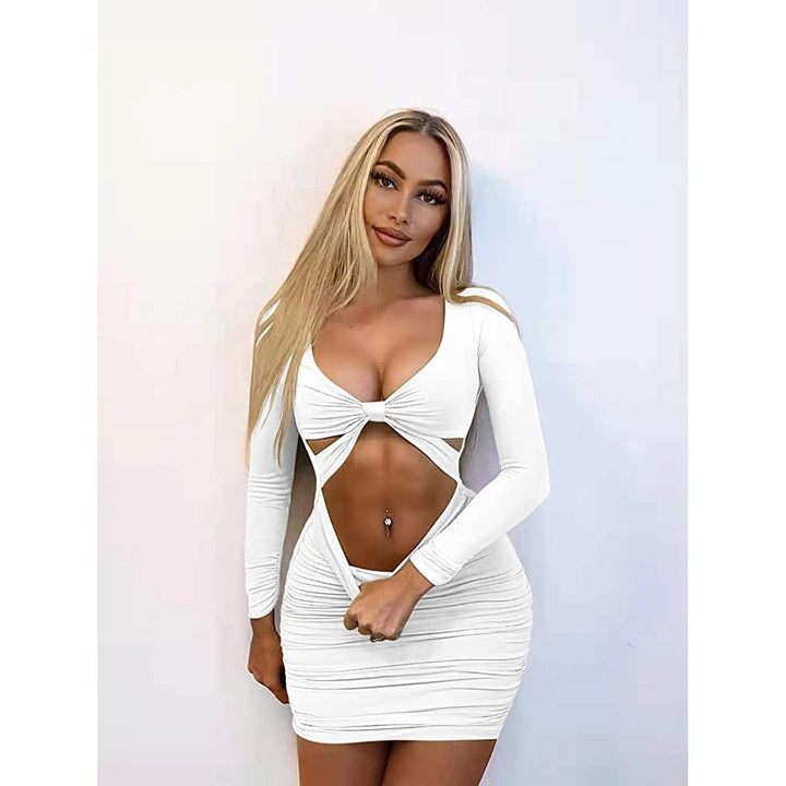 Womens Sexy Bodycon Deep V Neck Long Sleeve Cut Out Club Mini Dress Image 4