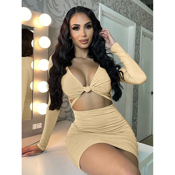 Womens Sexy Bodycon Deep V Neck Long Sleeve Cut Out Club Mini Dress Image 6