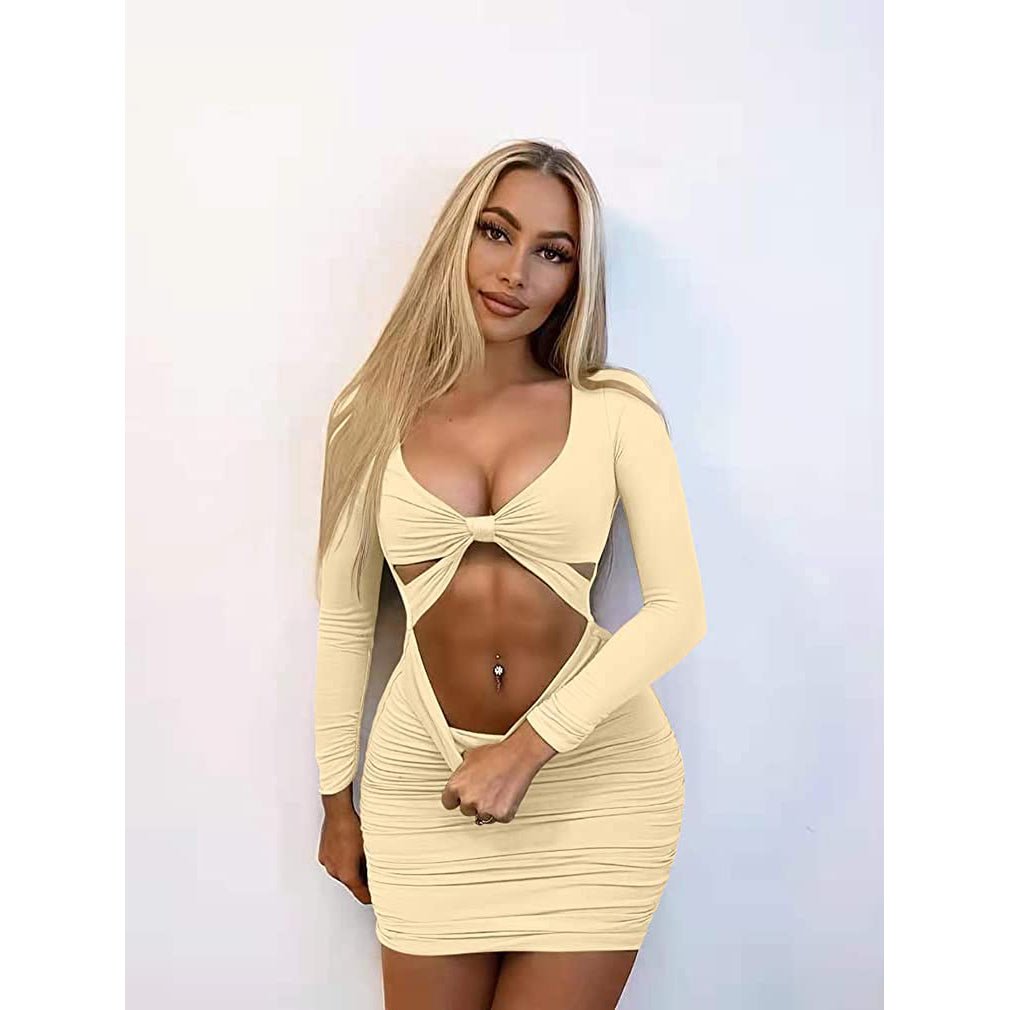 Womens Sexy Bodycon Deep V Neck Long Sleeve Cut Out Club Mini Dress Image 7