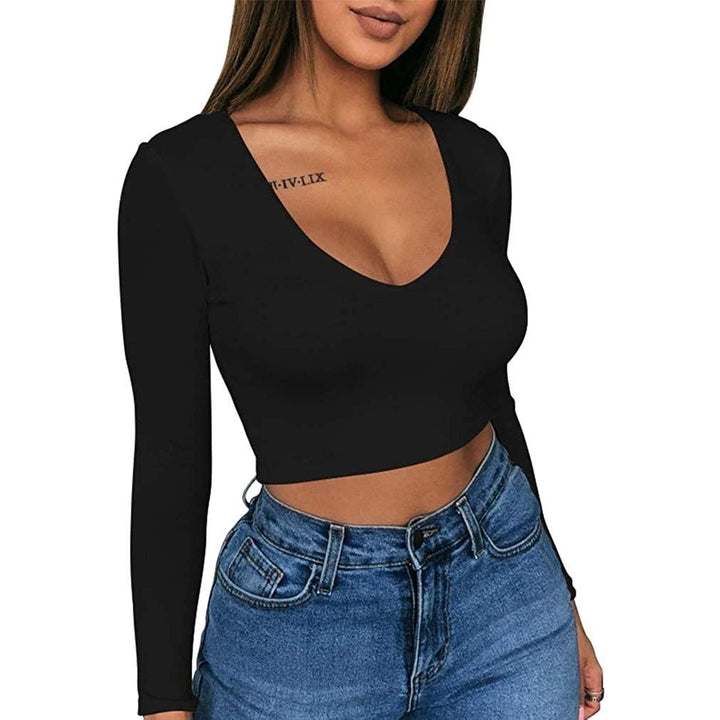 Womens Sexy Bodycon Scoop Neck Long Sleeve Slim Crop Top Image 2