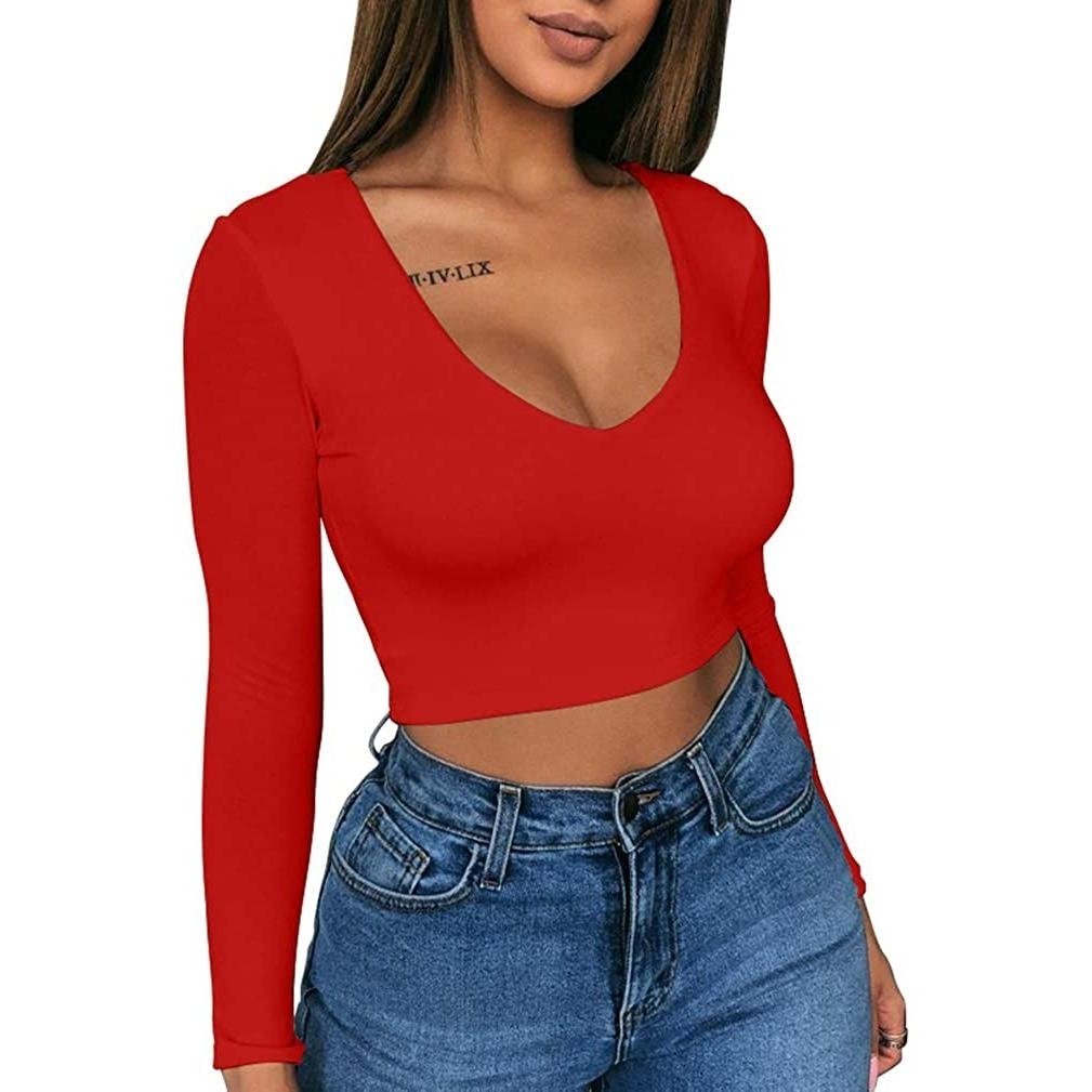 Womens Sexy Bodycon Scoop Neck Long Sleeve Slim Crop Top Image 3