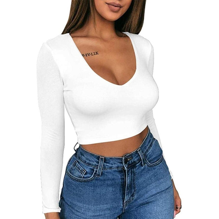 Womens Sexy Bodycon Scoop Neck Long Sleeve Slim Crop Top Image 4