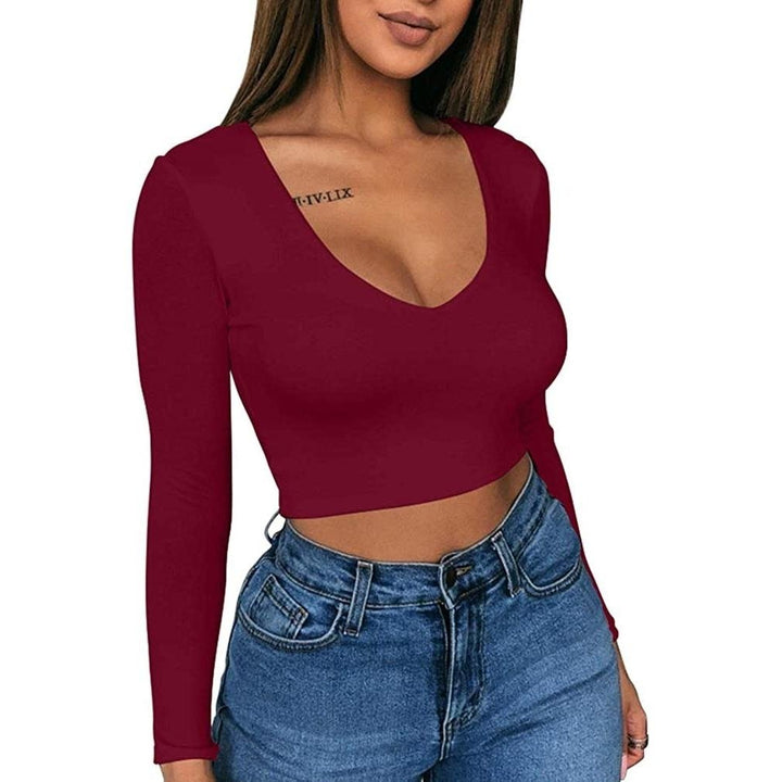 Womens Sexy Bodycon Scoop Neck Long Sleeve Slim Crop Top Image 4