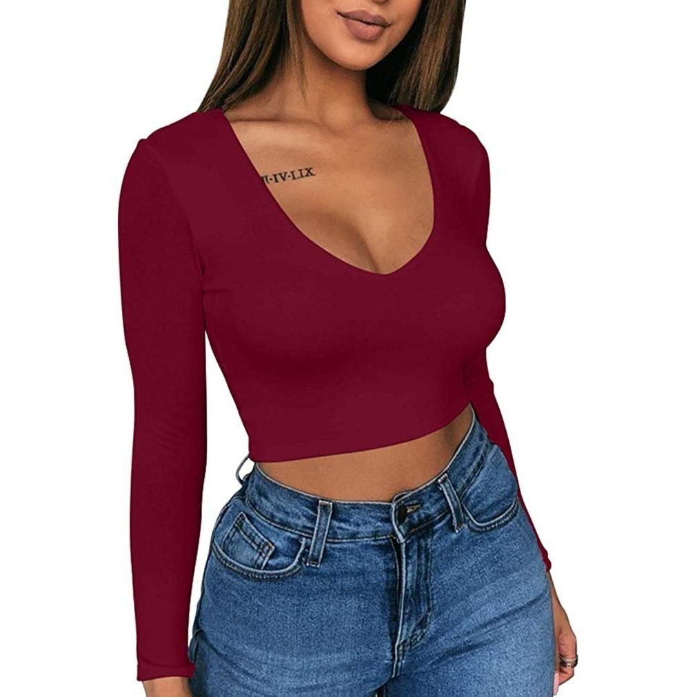 Womens Sexy Bodycon Scoop Neck Long Sleeve Slim Crop Top Image 1