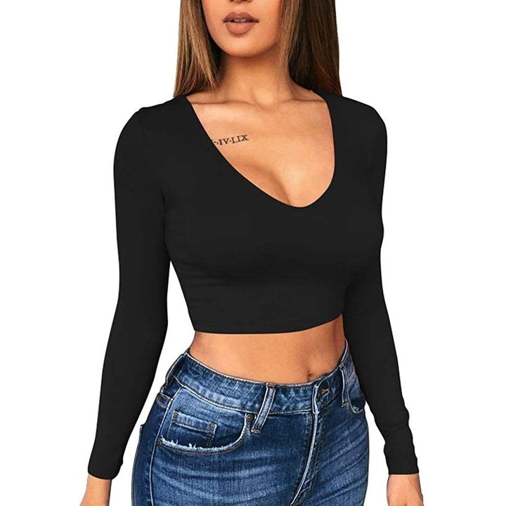 Womens Sexy Bodycon Scoop Neck Long Sleeve Slim Crop Top Image 6