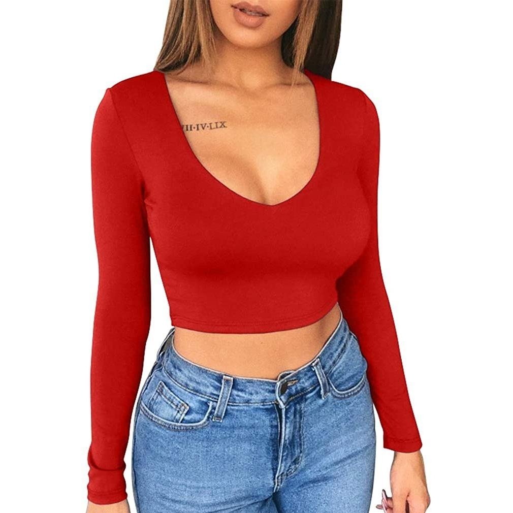 Womens Sexy Bodycon Scoop Neck Long Sleeve Slim Crop Top Image 12