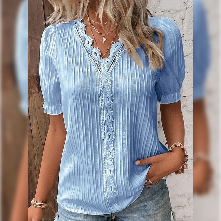 Womens Shirt Blouse Plain Lace Short Sleeve Casual Basic V Neck Image 3