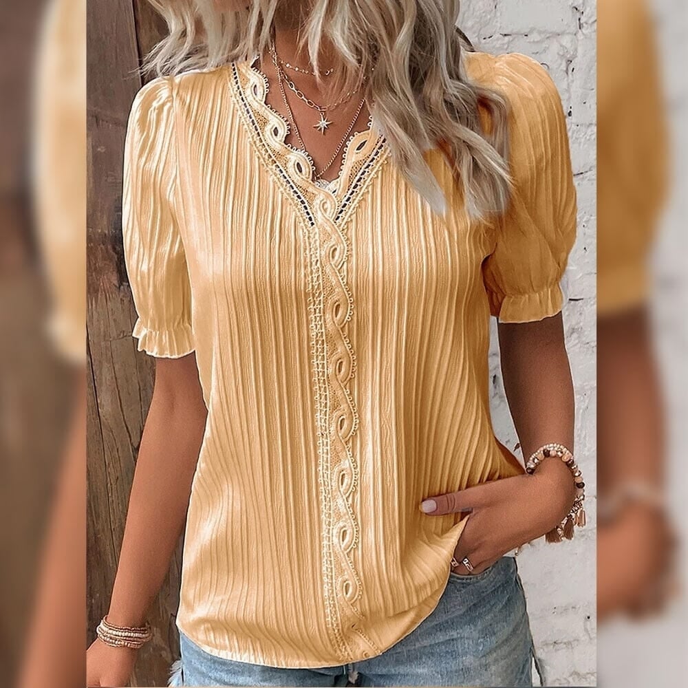 Womens Shirt Blouse Plain Lace Short Sleeve Casual Basic V Neck Image 1