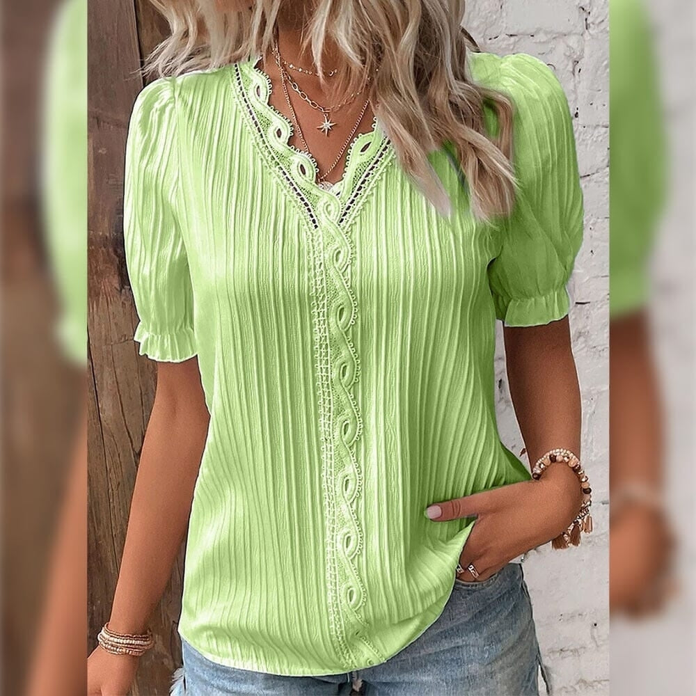 Womens Shirt Blouse Plain Lace Short Sleeve Casual Basic V Neck Image 4