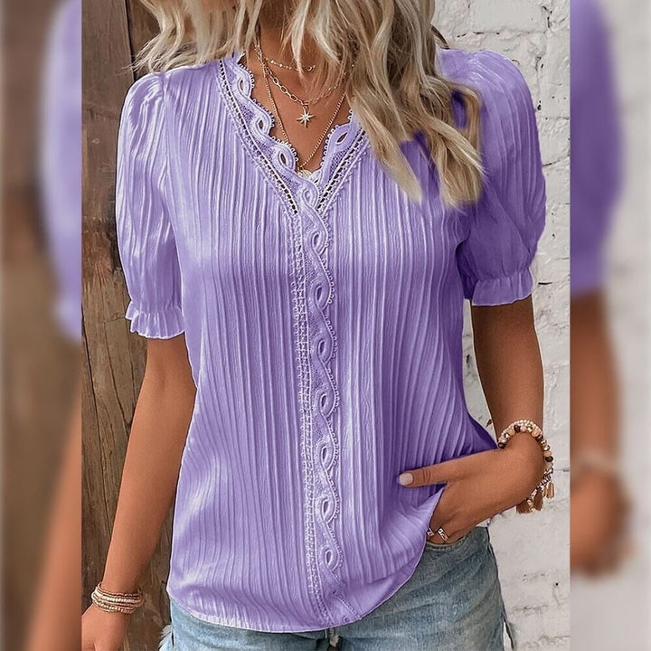 Womens Shirt Blouse Plain Lace Short Sleeve Casual Basic V Neck Image 6