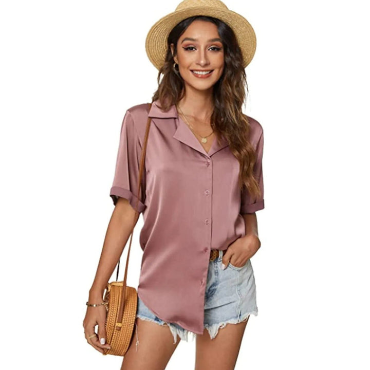 Womens Short Sleeve Casual Satin Button Down Shirt Image 1