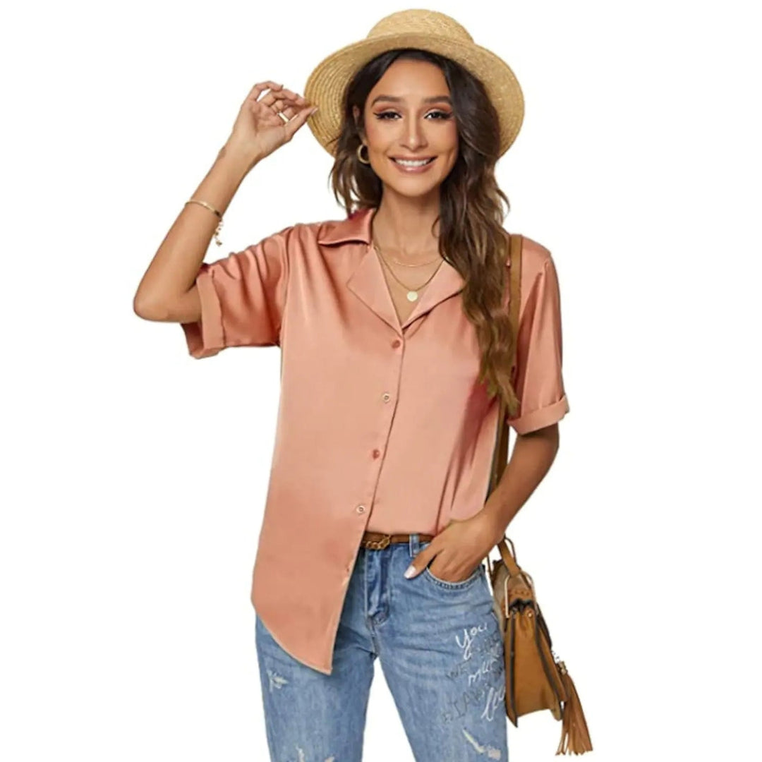 Womens Short Sleeve Casual Satin Button Down Shirt Image 2