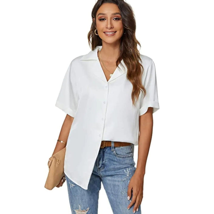 Womens Short Sleeve Casual Satin Button Down Shirt Image 3